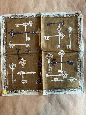 Jeanne Miller 🔑 Kimball Linen Handkerchief Brown White Silver Key Print